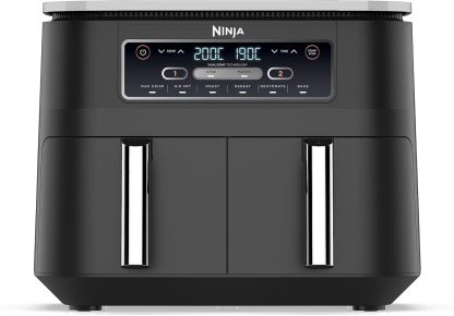 Ninja Foodi MAX Dual Zone Air Fryer, Amazon Exclusive, Tongs, 2 Drawers, 9.5L, 6-in-1, Use No Oil, Air Fry, Max Crisp, Roast, Bake, 8 Portions, Nonstick Dishwasher Safe Baskets, Copper/Black AF400UKCP