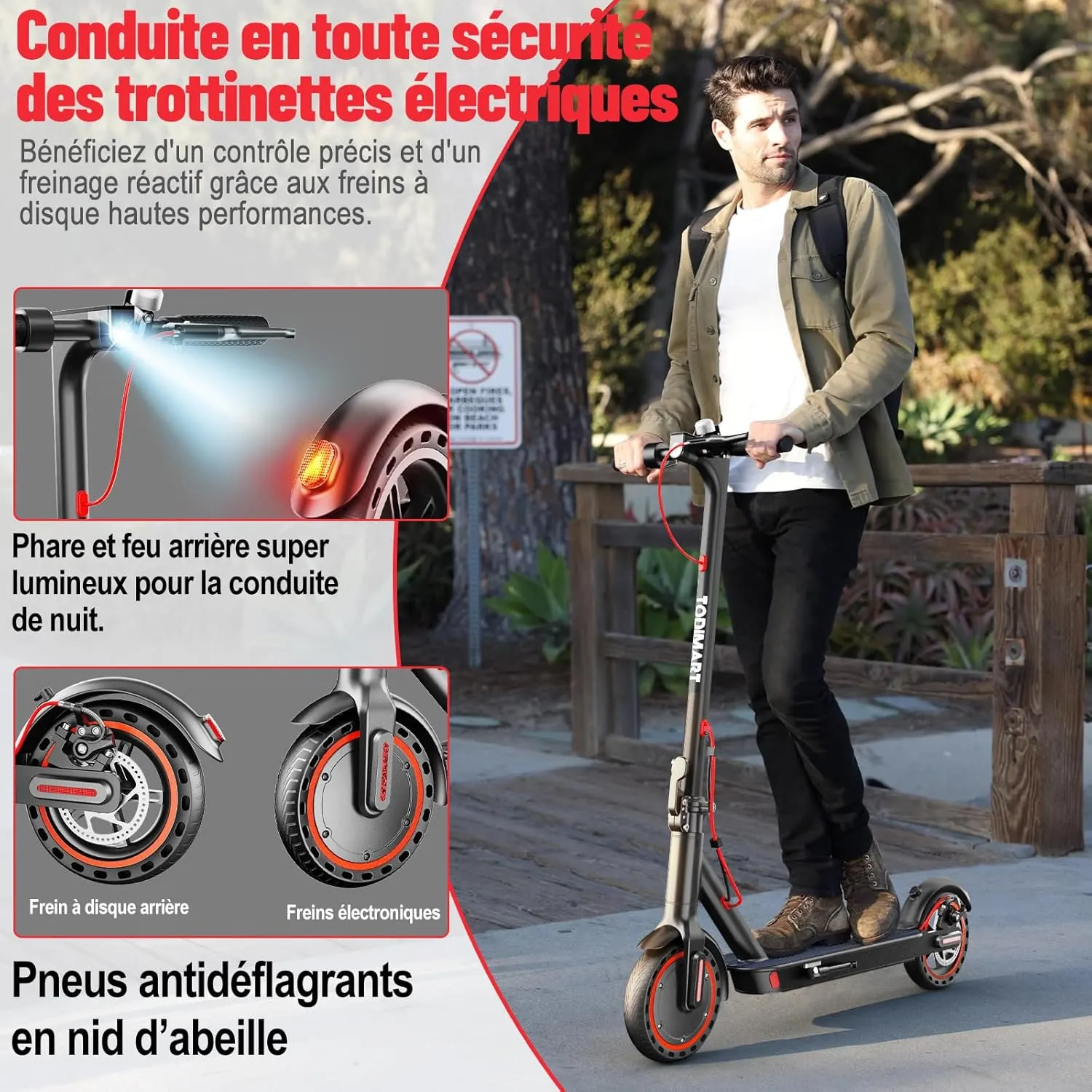 TODIMART T3 Trottinette Electrique Adulte antivol Ultra Legere, Moteur 350W/25KM/H Autonomie 35KM Batterie 36V 7.8Ah,Trotinette électrique Adulte Pliable pneus nid d'abeille increvables, Charge 120kg