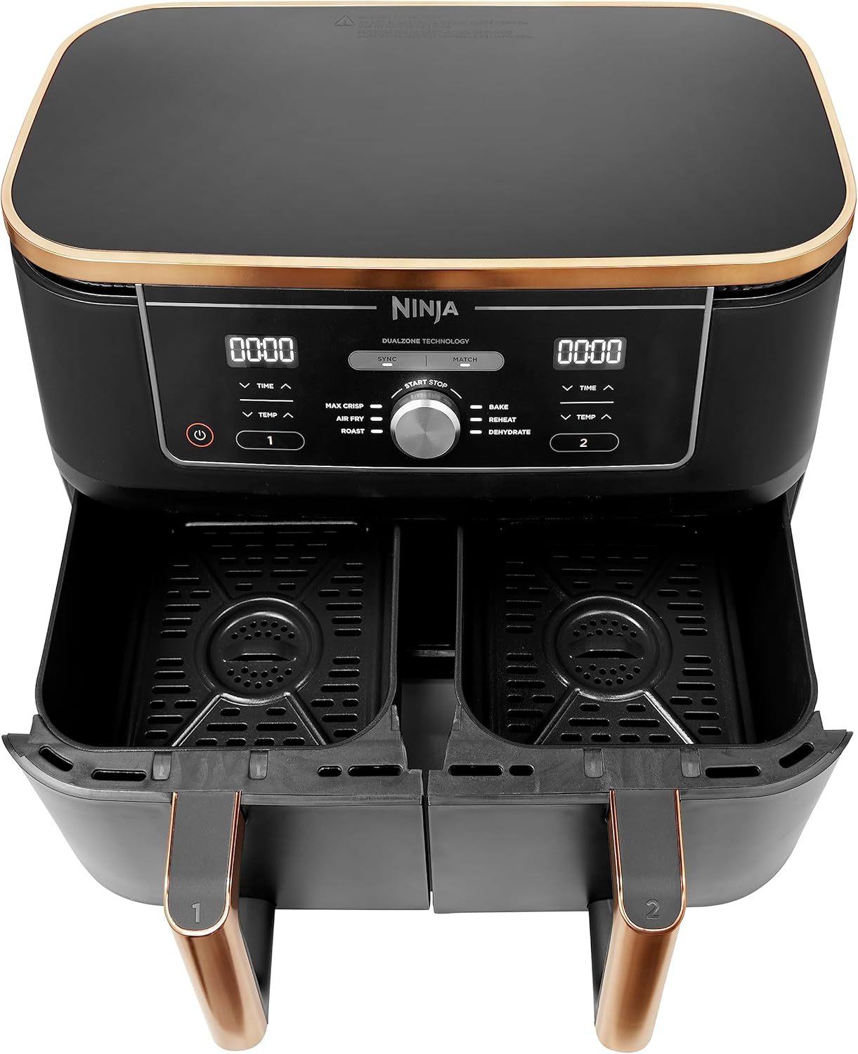 Ninja Foodi MAX Dual Zone Air Fryer, Amazon Exclusive, Tongs, 2 Drawers, 9.5L, 6-in-1, Use No Oil, Air Fry, Max Crisp, Roast, Bake, 8 Portions, Nonstick Dishwasher Safe Baskets, Copper/Black AF400UKCP