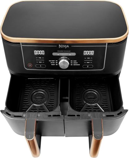 Ninja Foodi MAX Dual Zone Air Fryer, Amazon Exclusive, Tongs, 2 Drawers, 9.5L, 6-in-1, Use No Oil, Air Fry, Max Crisp, Roast, Bake, 8 Portions, Nonstick Dishwasher Safe Baskets, Copper/Black AF400UKCP