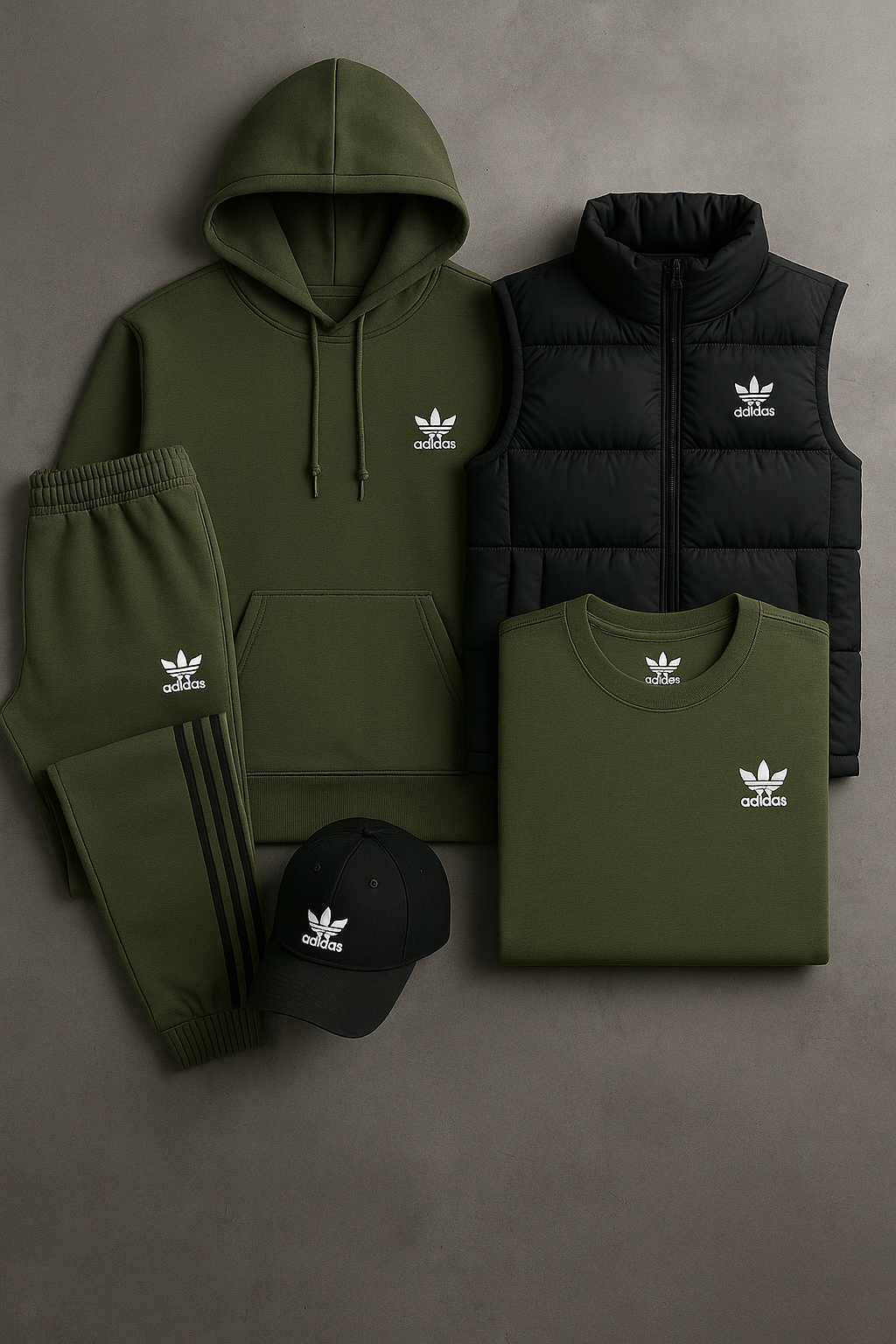 Ensemble 5 Pièces Homme – Sweat à Capuche, Gilet Matelassé, T-Shirt, Pantalon Jogging et Casquette | Confort Sport & Style Quotidien