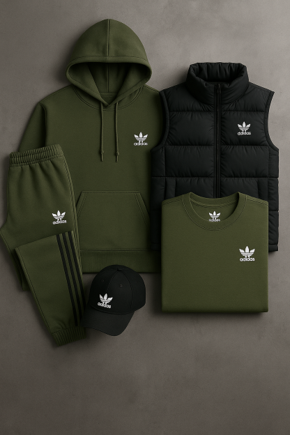 Ensemble 5 Pièces Homme – Sweat à Capuche, Gilet Matelassé, T-Shirt, Pantalon Jogging et Casquette | Confort Sport & Style Quotidien