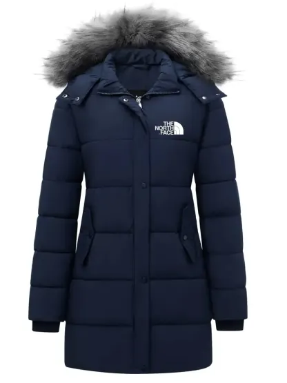 2024 THE NORthtTH FACE Women's coat, fur trim hooded padded jacket, casual long sleeve slim fit warm autumn and winter coat