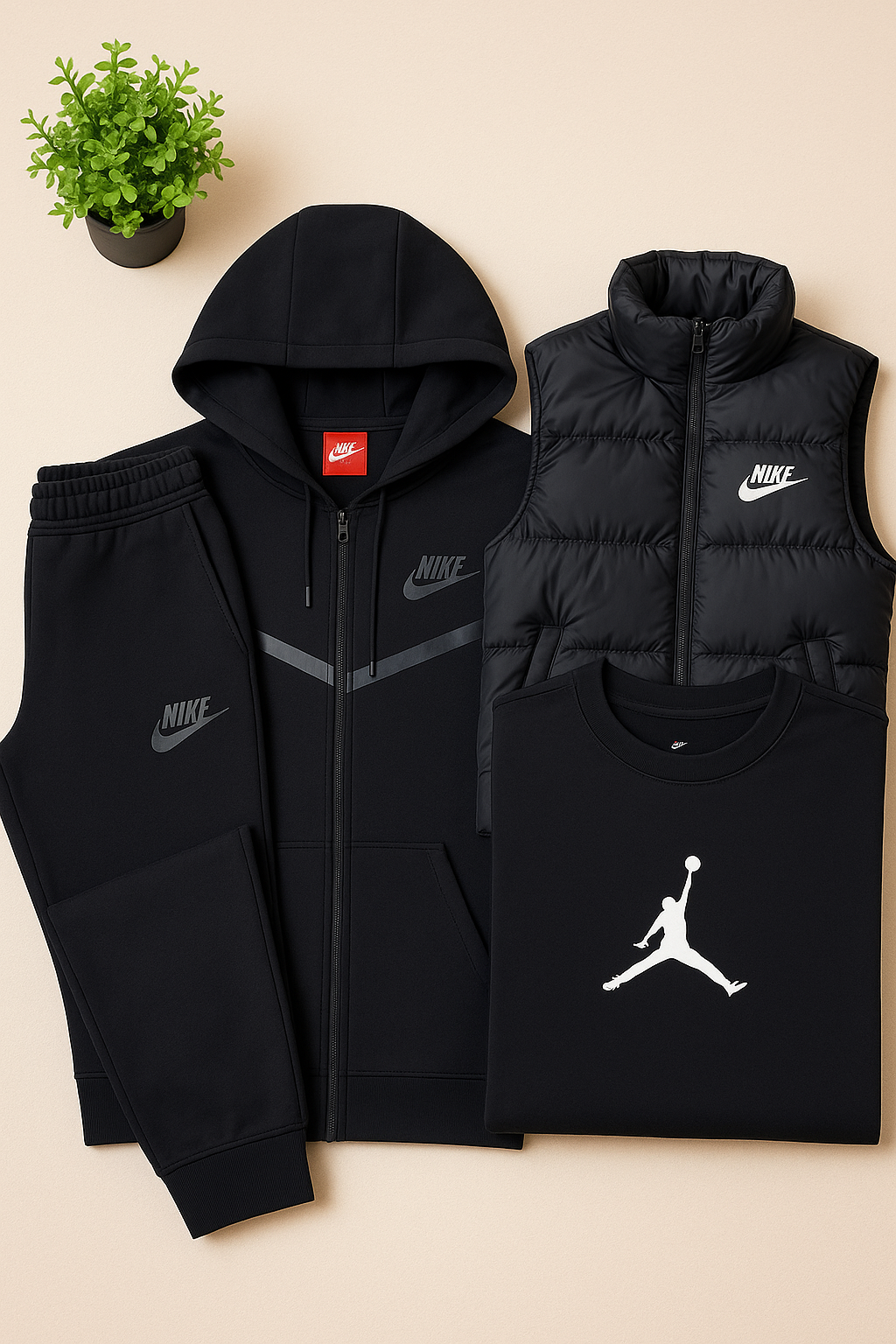 Ensemble Homme 4 Pièces Gris – Sweat à Capuche, Gilet Matelassé, Jogging et T-Shirt