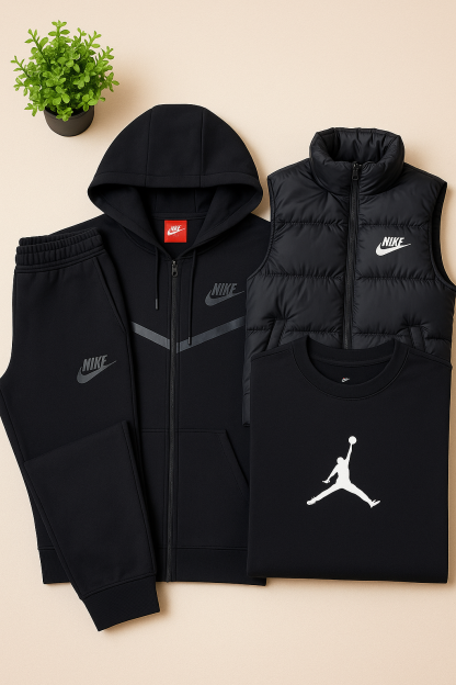 Ensemble Homme 4 Pièces Gris – Sweat à Capuche, Gilet Matelassé, Jogging et T-Shirt