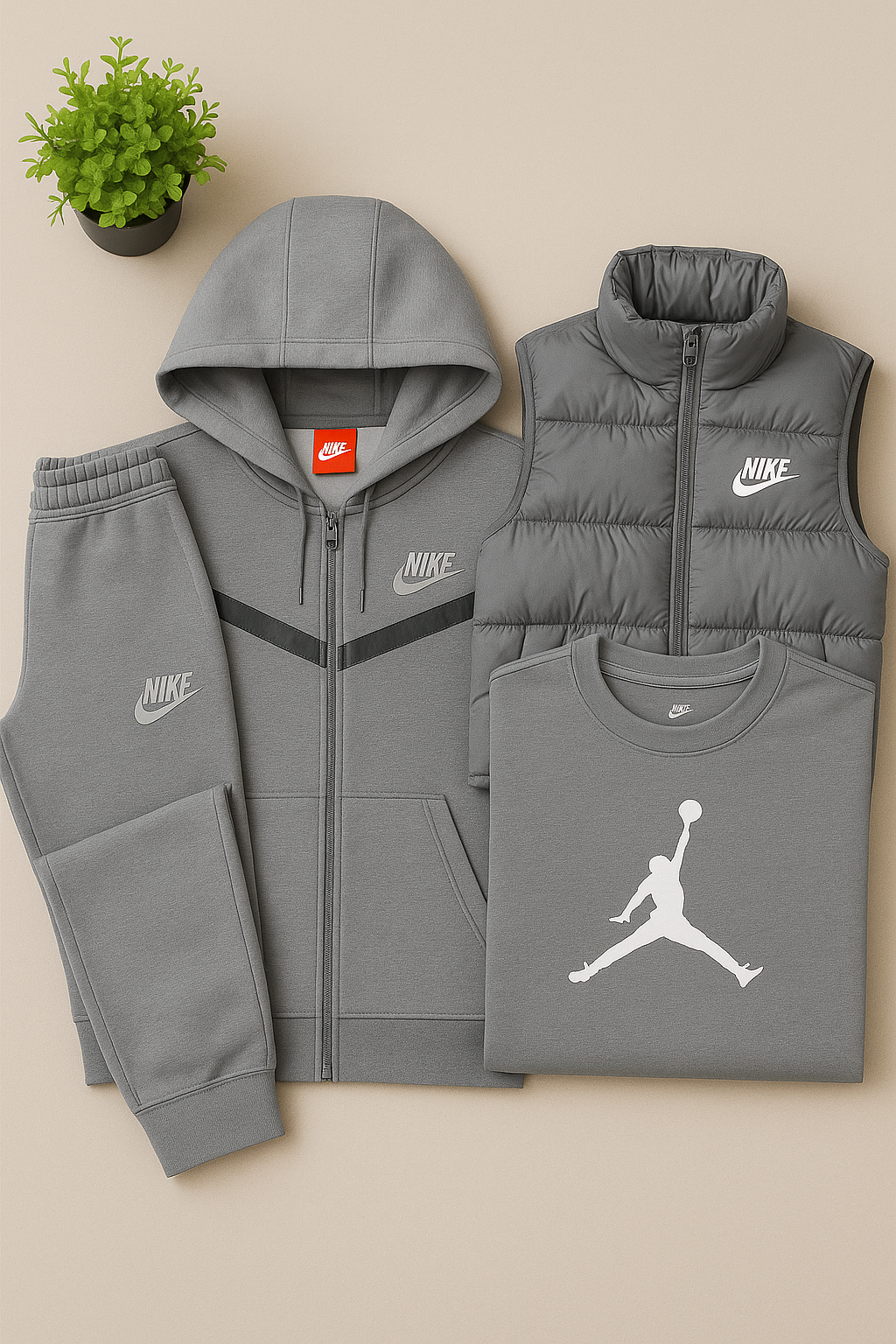 Ensemble Homme 4 Pièces Gris – Sweat à Capuche, Gilet Matelassé, Jogging et T-Shirt