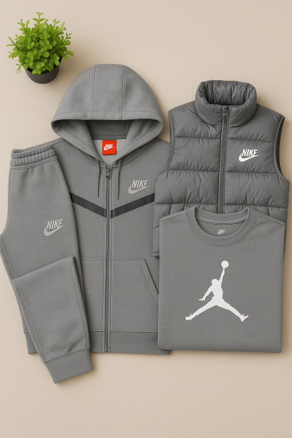 Ensemble Homme 4 Pièces Gris – Sweat à Capuche, Gilet Matelassé, Jogging et T-Shirt
