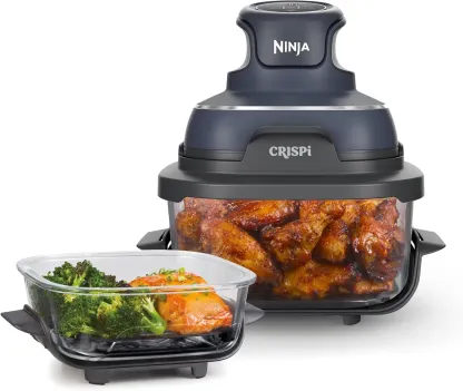 Ninja CRISPi Friteuse sans huile portable, 3,8L, 4-en-1 : Frire sans huile, Rôtir, Garder au chaud, Recroustiller, Design compact, 2 récipients avec couvercles, 1 700 W, Stone/or FN101EUSTGD