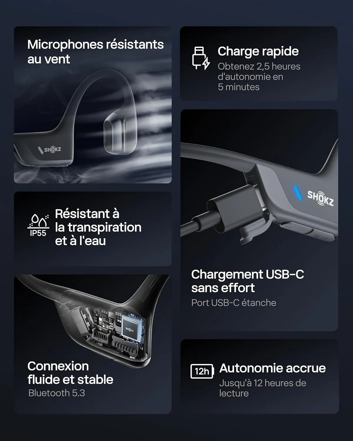 SHOKZ Casque à Conduction Osseuse OpenRun Pro 2, Écouteurs sans Fil Bluetooth 5.3, Microphones Réducteurs de Bruit, Étanchéité IP55, 12h d'Autonomie, Charge Rapide USB-C, Noir