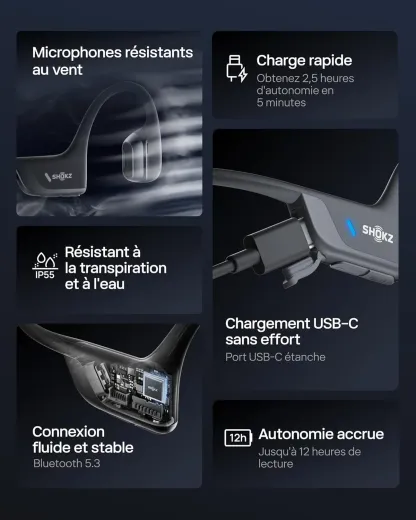 SHOKZ Casque à Conduction Osseuse OpenRun Pro 2, Écouteurs sans Fil Bluetooth 5.3, Microphones Réducteurs de Bruit, Étanchéité IP55, 12h d'Autonomie, Charge Rapide USB-C, Noir