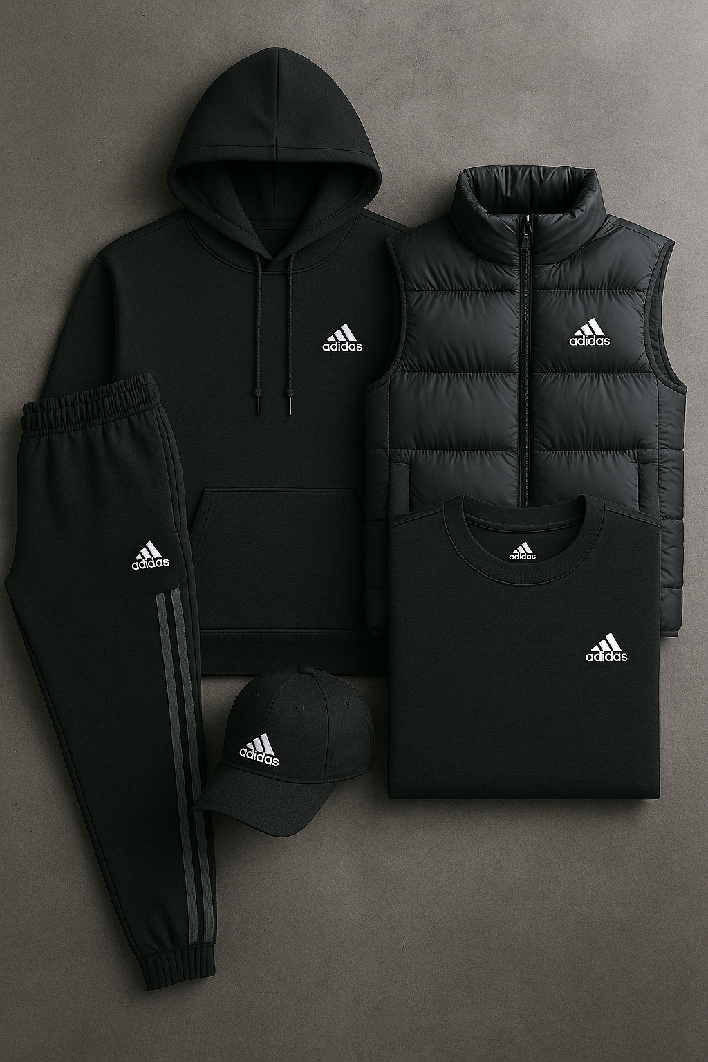 Ensemble 5 Pièces Homme – Sweat à Capuche, Gilet Matelassé, T-Shirt, Pantalon Jogging et Casquette | Confort Sport & Style Quotidien