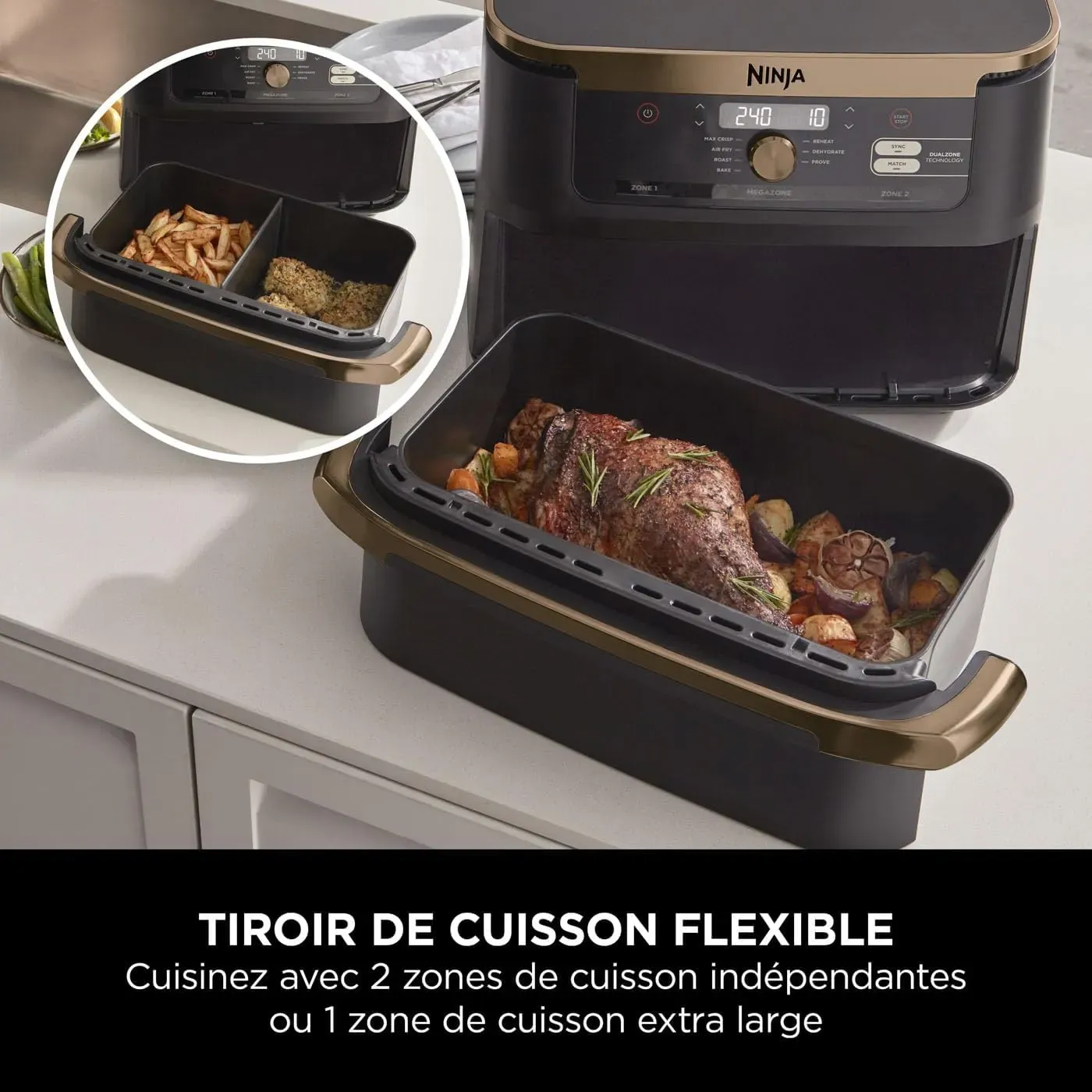 NINJA Foodi FlexDrawer Air Fryer, Dual Zone Avec Séparateur Amovible, Grand Tiroir de 10.4 L, 7-en-1, Double Zone, Pièces Antiadhésives Compatibles Au Lave-Vaisselle, Noir & Cuivre, AF500EUCP