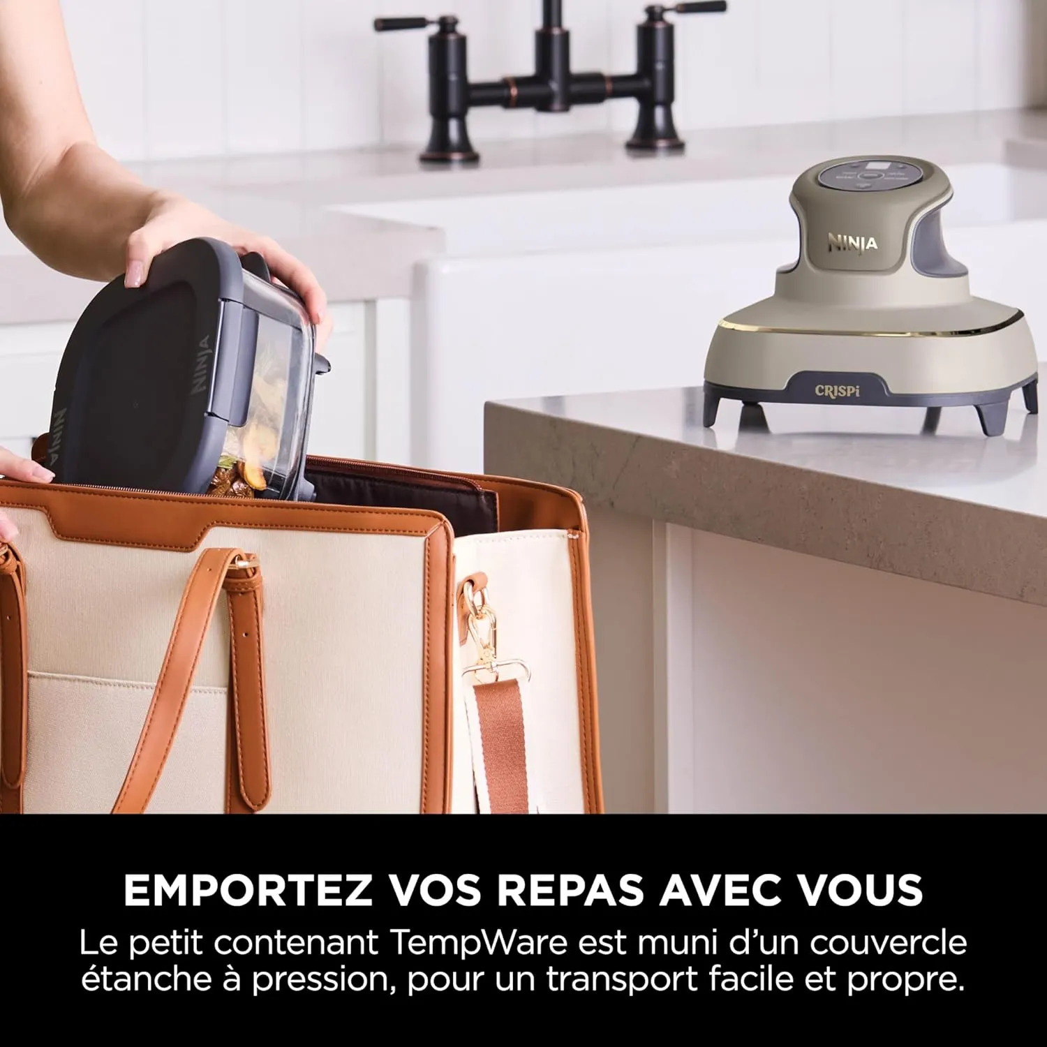 Ninja CRISPi Friteuse sans huile portable, 3,8L, 4-en-1 : Frire sans huile, Rôtir, Garder au chaud, Recroustiller, Design compact, 2 récipients avec couvercles, 1 700 W, Stone/or FN101EUSTGD