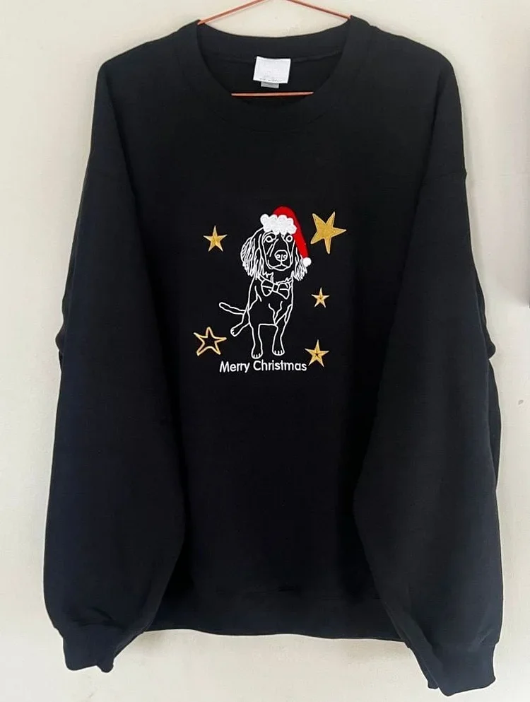 Custom Pet Portrait Christmas Starry Night Outline Embroidered Sweatshirt, Hoodie, T-Shirt