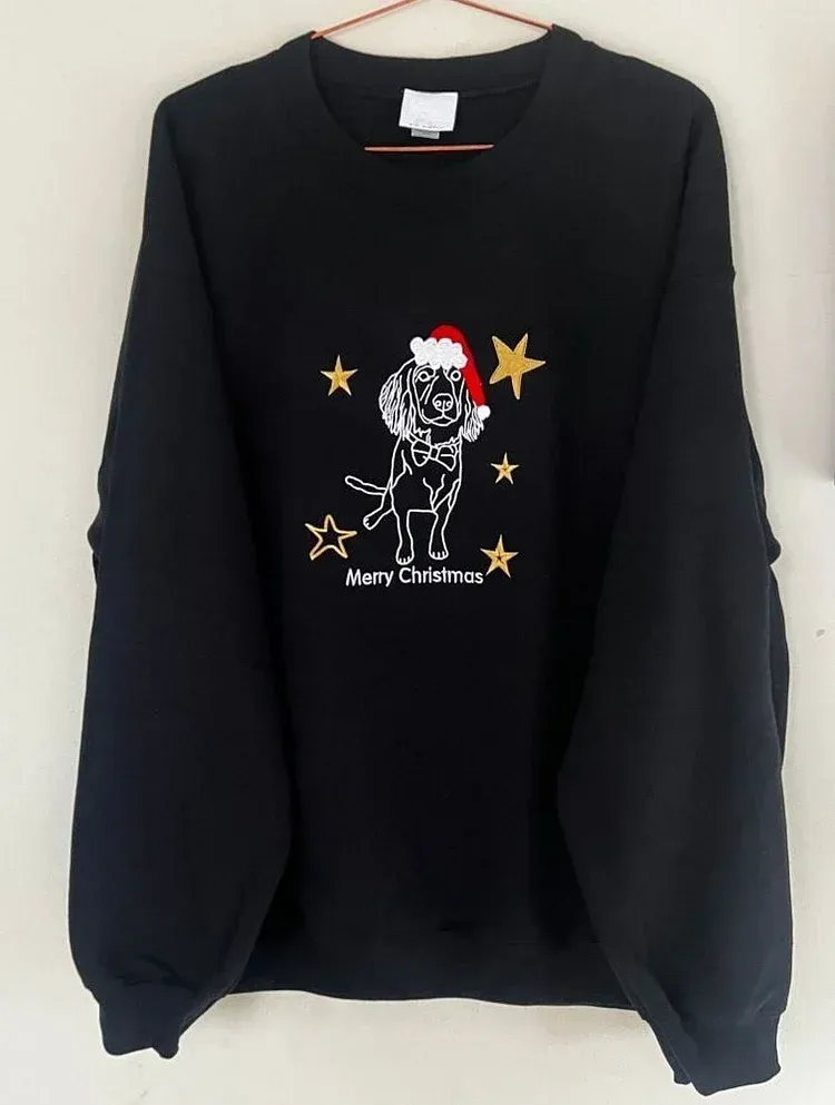 Custom Pet Portrait Christmas Starry Night Outline Embroidered Sweatshirt, Hoodie, T-Shirt