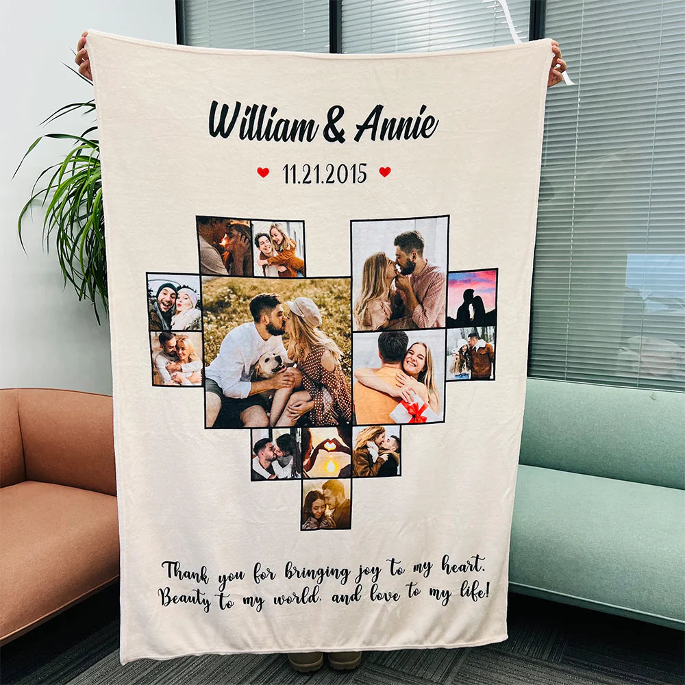 Custom Heart Photo Blanket, Heart Love Collage Anniversary Gift-ilovevango