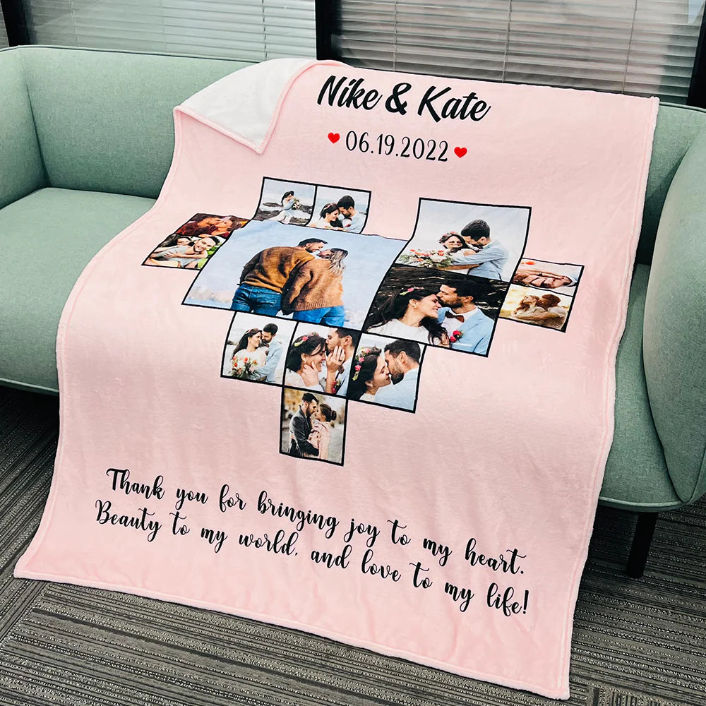 Custom Heart Photo Blanket, Heart Love Collage Anniversary Gift-ilovevango