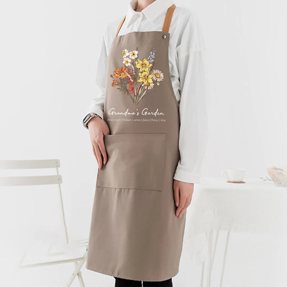 Personalized Birth flower Bouquet Names Apron Waterproof