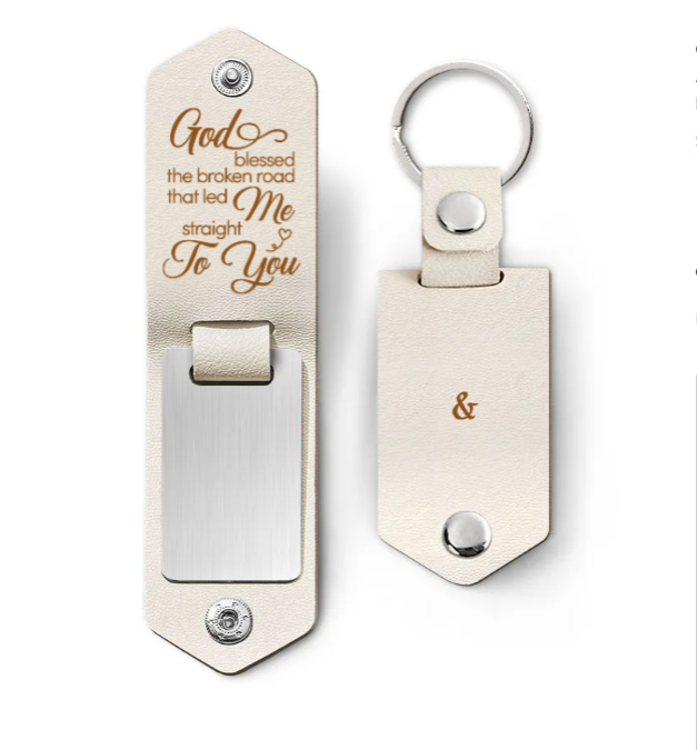 Custom Photo God Blessed The Broken Road - Loving, Anniversary Gift For Couple, Spouse, Husband, Wife - Personalized Leather Photo Keychain-ilovevango