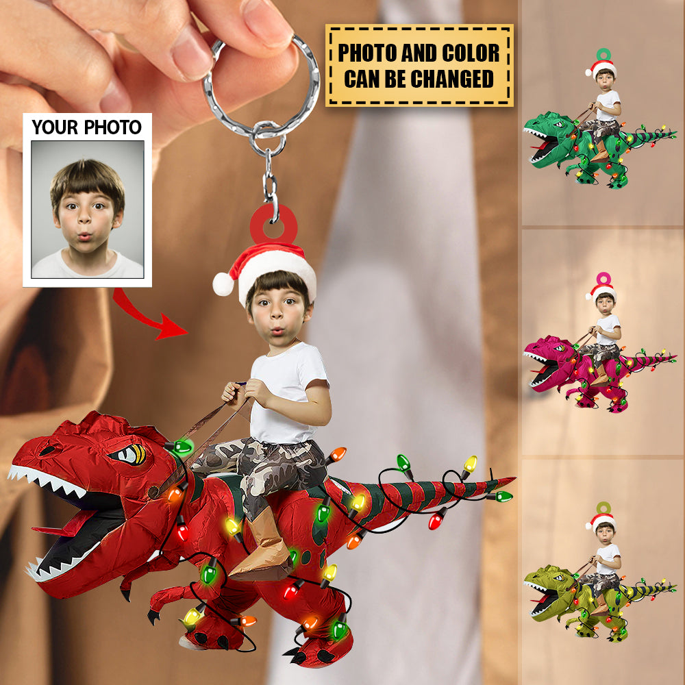Personalized Cute Kid Rides The Dinosaurus Christmas Light Ornament