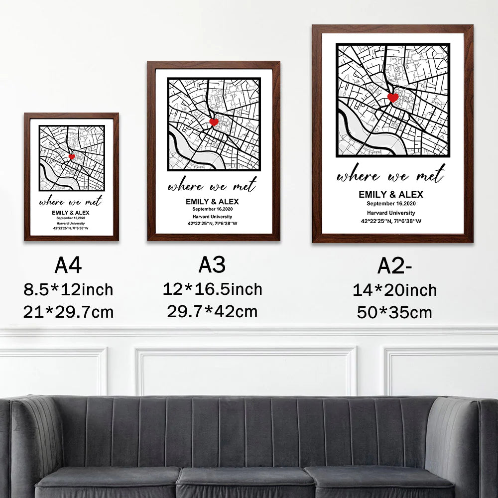 Personalized First Date Map Framed Gift For Couples