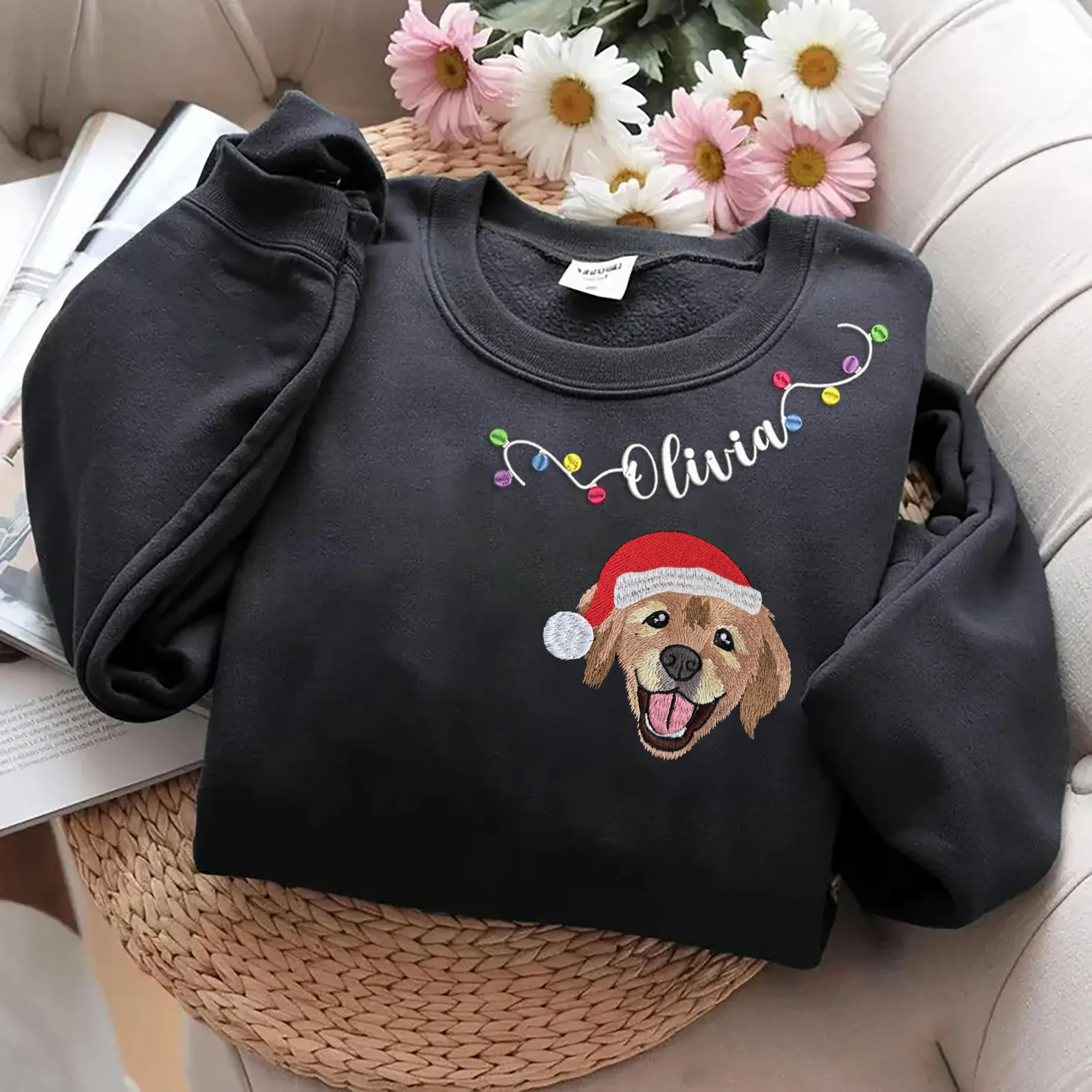 PetFiestas® Custom Pet Embroidery with Name & Mistletoe Neckline – Sweatshirt, Hoodie, T-Shirt