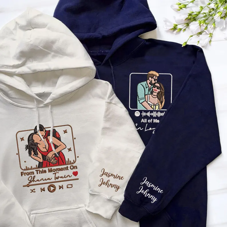 Custom Couple Embroidered Love Song from Photo Hoodie, Couple Valentine Matching Shirts, Couple Anniversary Gift