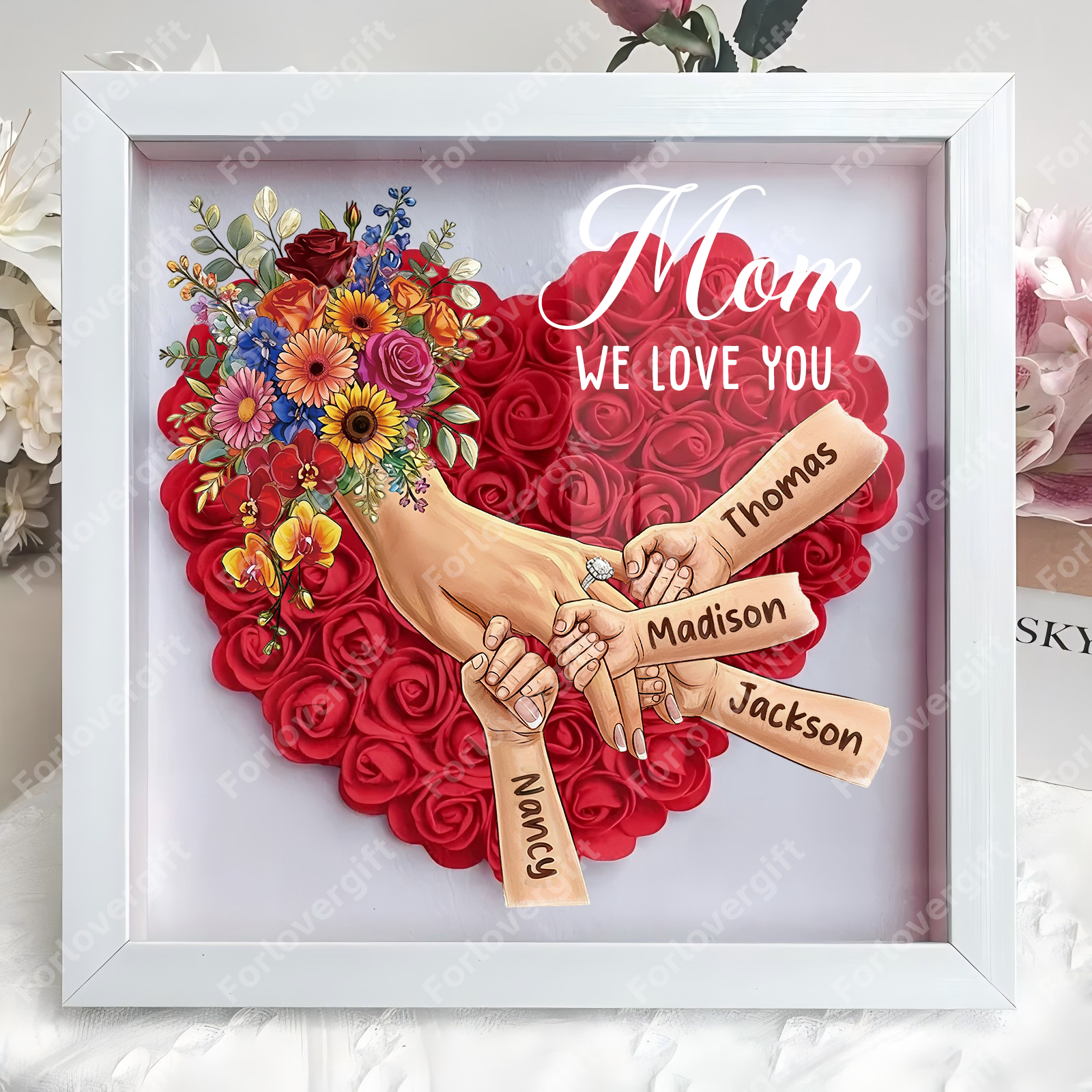 Personalized Mommy Holding Hands Shadow Box with Ring & Manicure – Custom Kids Names Floral Heart Frame, Premium Mother’s Day Gift