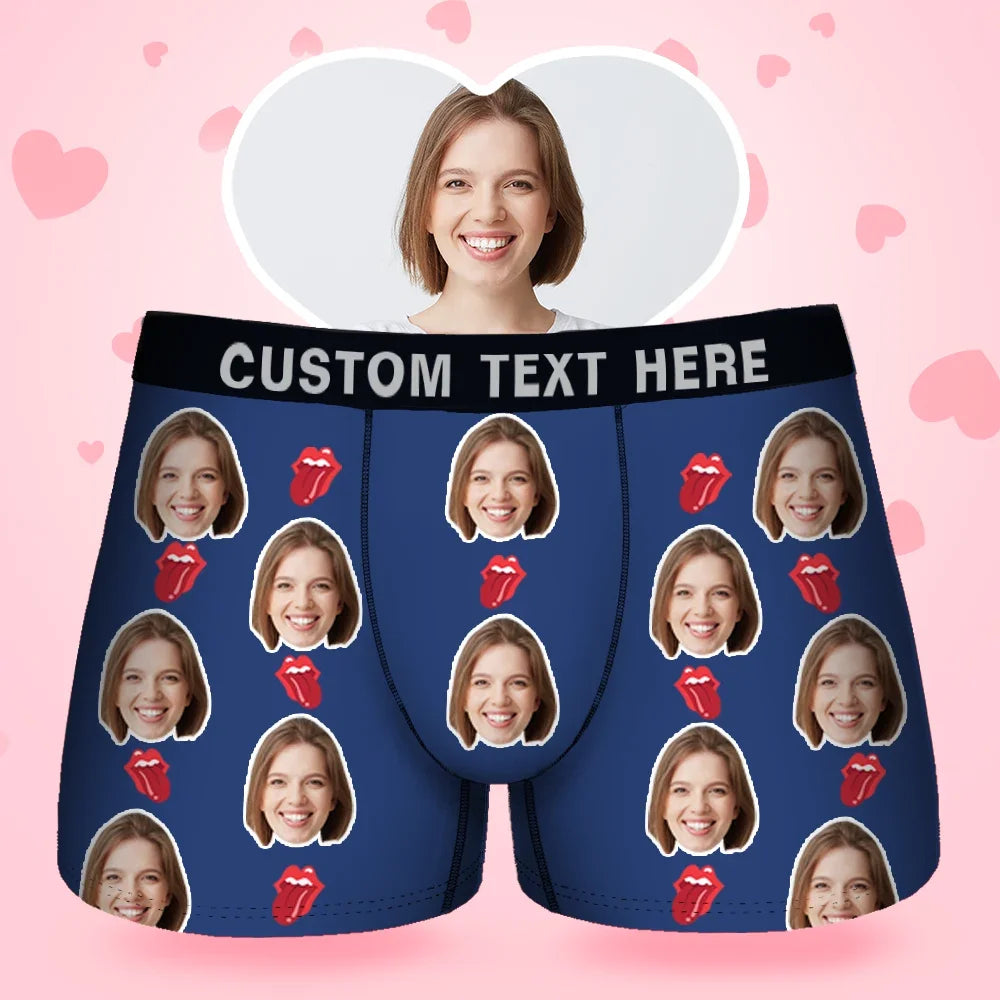 Custom Face Men's Boxer Kiss Lip Gift For Him Couple Style Underwear, Birthday Gifts for Husband, Waistband Text Boxer Gift-ilovevango