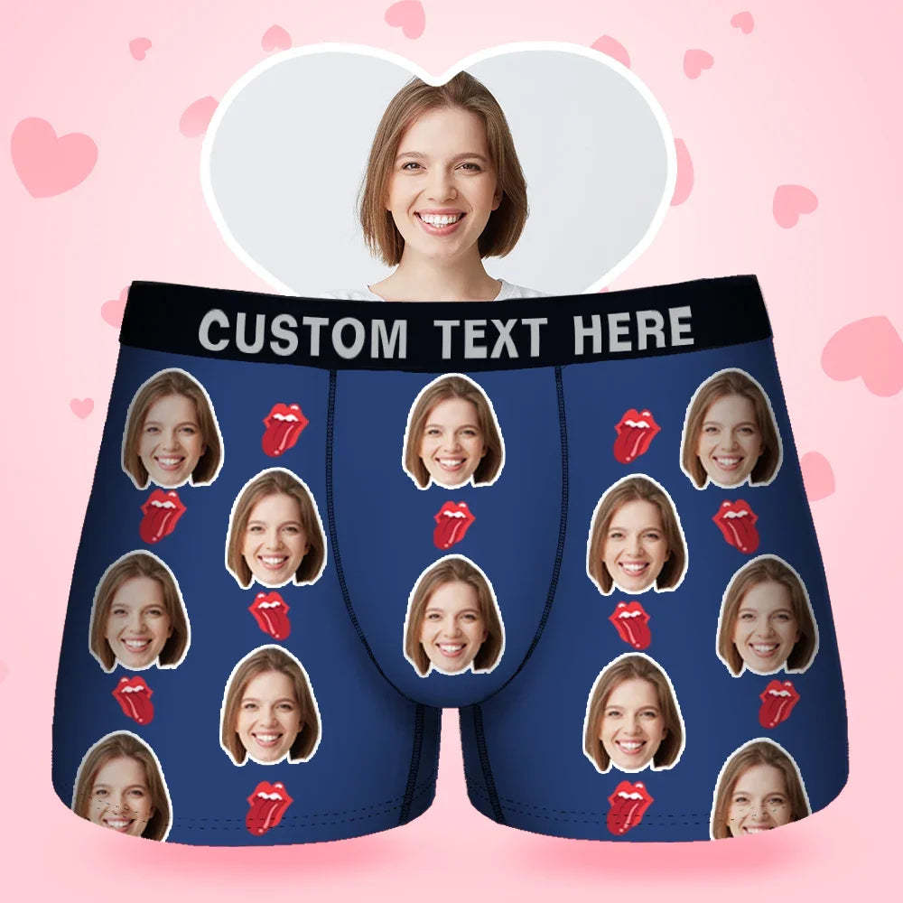 Custom Face Men's Boxer Kiss Lip Gift For Him Couple Style Underwear, Birthday Gifts for Husband, Waistband Text Boxer Gift-ilovevango