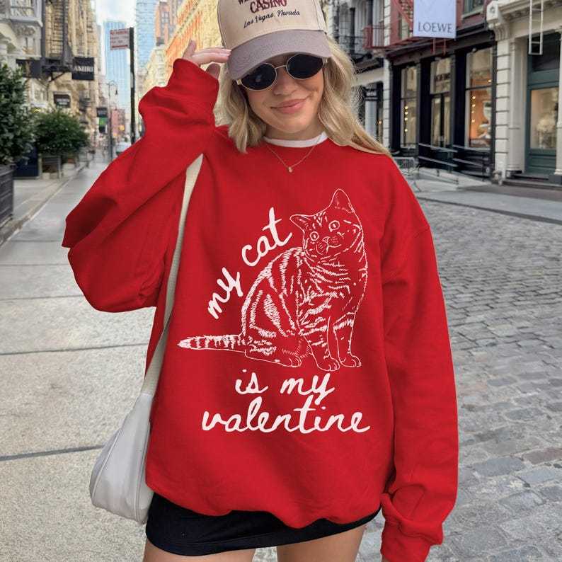 My Cat Is My Valentine Sweatshirt, Custom Cat Photo Line Art Retro Valentines Day Shirt