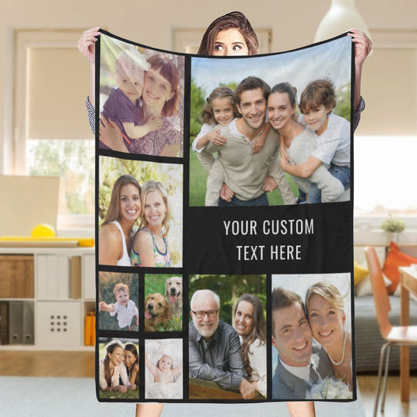 Custom 9 Photos Text Black Fleece Blanket Gift for Him/Her-ilovevango