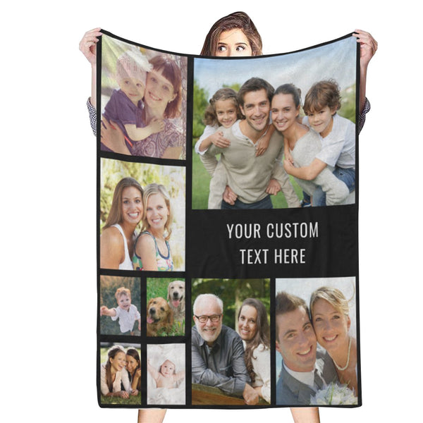 Custom 9 Photos Text Black Fleece Blanket Gift for Him/Her-ilovevango