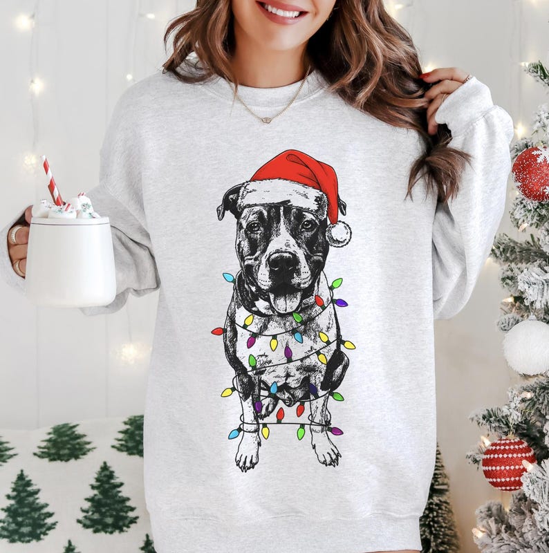 Custom Pet Christmas Crewneck with Santa Hat & Lights, Custom Dog Cat Graphic Tee