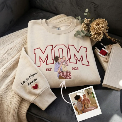 Mama Sweatshirt with Photo, Custom Embroidered Crewneck Mama and Kids Portrait, Mother's Day Gifts, Best Gift for Mom