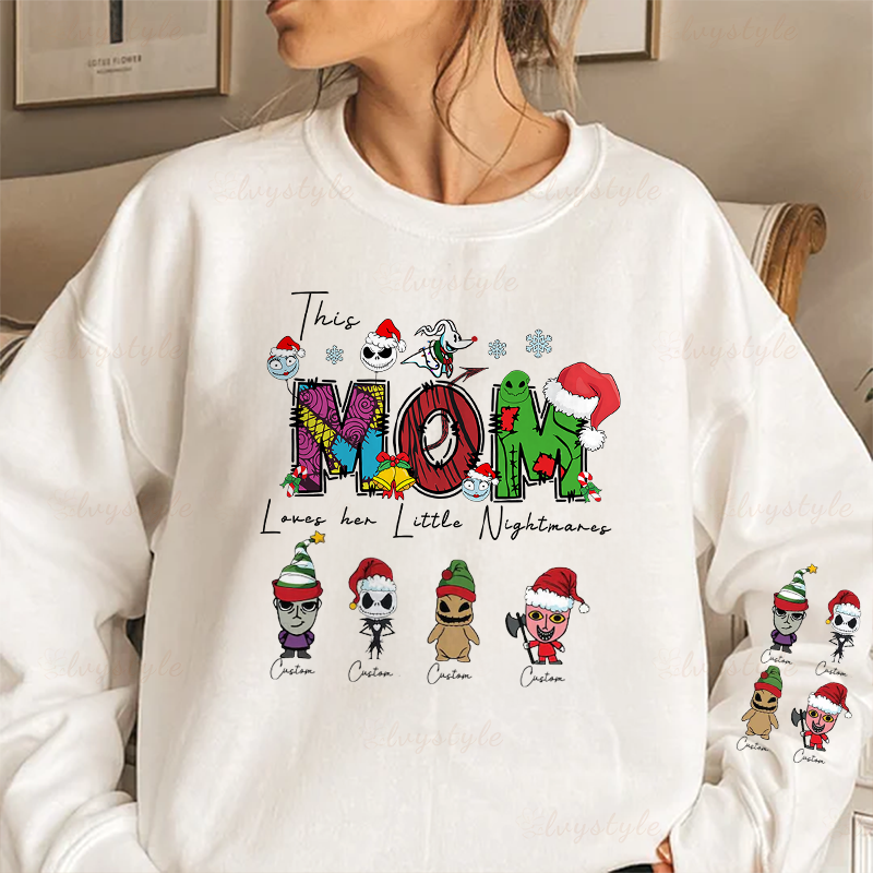 Personalized This Mom Loves Her Little Nightmares Sweatshirt, Custom Nightmare Christmas Mom Shirt With Kids Name, Christmas Family Gift