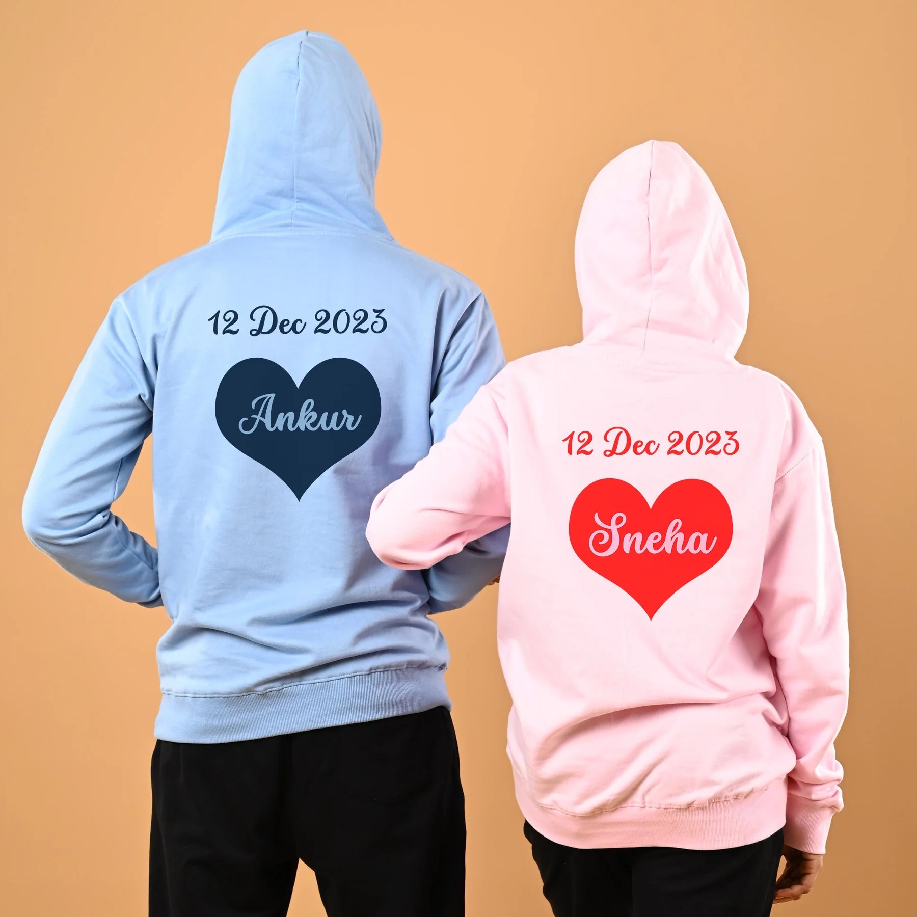 3D Puff Print Personalized Name & Date Couple Hoodies