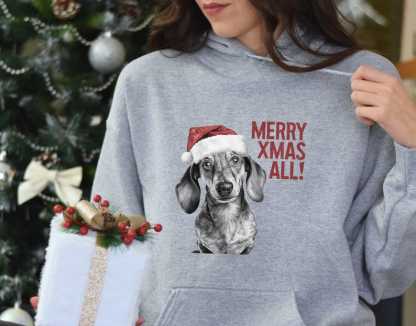 Custom Dog Face With Santa Hat Custom Glitter Text Christmas Sweatshirt Hoodie T-shirt