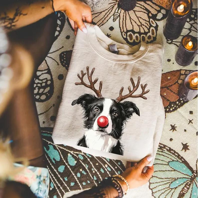 Custom Christmas Dog Photo Sweatshirt, Funny Dog Reindeer Sweatshirt