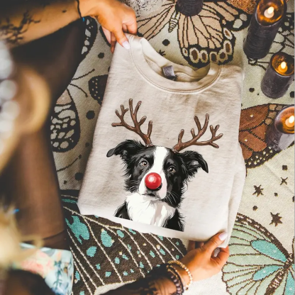 Custom Christmas Dog Photo Sweatshirt, Funny Dog Reindeer Sweatshirt