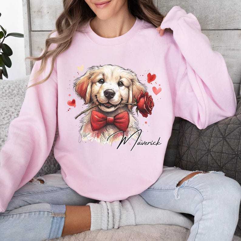 Custom Dog Photo with Rose Sweatshirt - Personalized Pet Valentine's Day Sweatshirt for Dog Mom