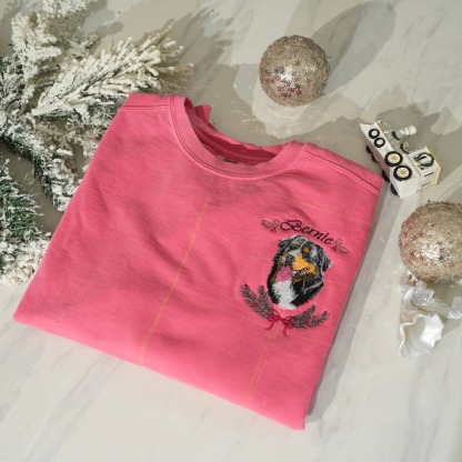 Custom Embroidered Pet Portrait Vintage Washed Sweatshirt T-Shirt, Christmas Pet Sweathsirt