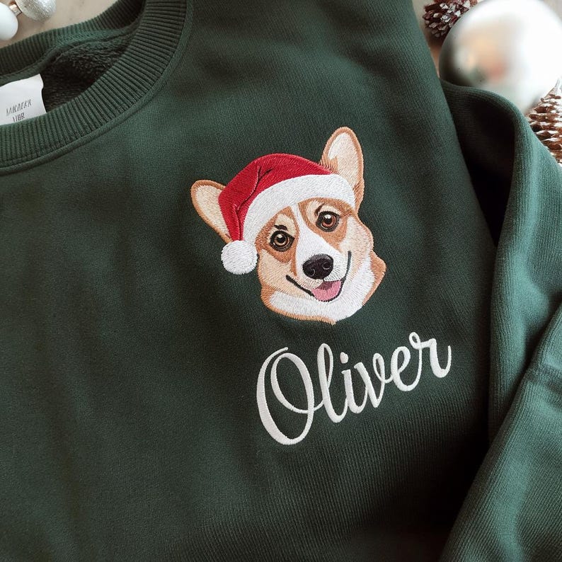 Custom Premium Handcrafted Pet Portrait Sweatshirt, Dog Embroidered Santa Paws Christmas Sweatshirt