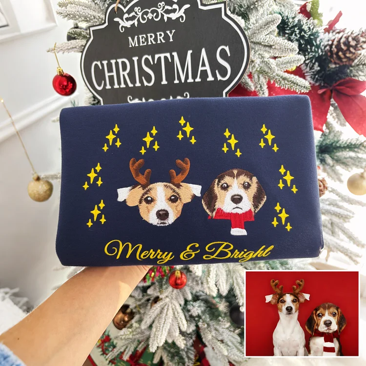Custom Christmas Pet Embroidered Sweatshirt, Custom Pet Face Hoodie Sweatshirt T-shirt