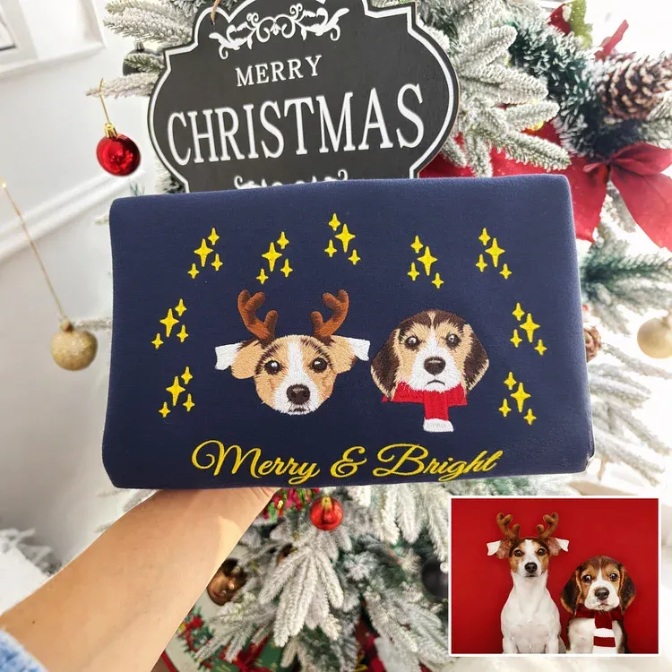 Custom Christmas Pet Embroidered Sweatshirt, Custom Pet Face Hoodie Sweatshirt T-shirt