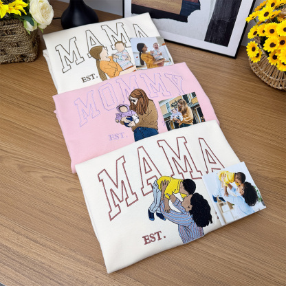 Mama Sweatshirt with Photo, Custom Embroidered Crewneck Mama and Kids Portrait, Mother's Day Gifts, Best Gift for Mom