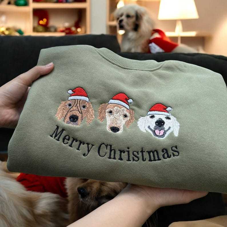 Merry Christmas Custom Pet Photo Name Embroidered Sweatshirt Hoodie T-shirt