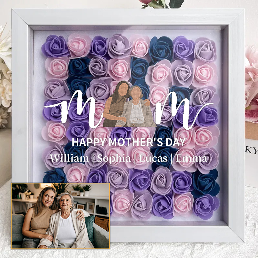 Mom Heart Outline Photo Shaped Monogram Flower Shadow Box Gift