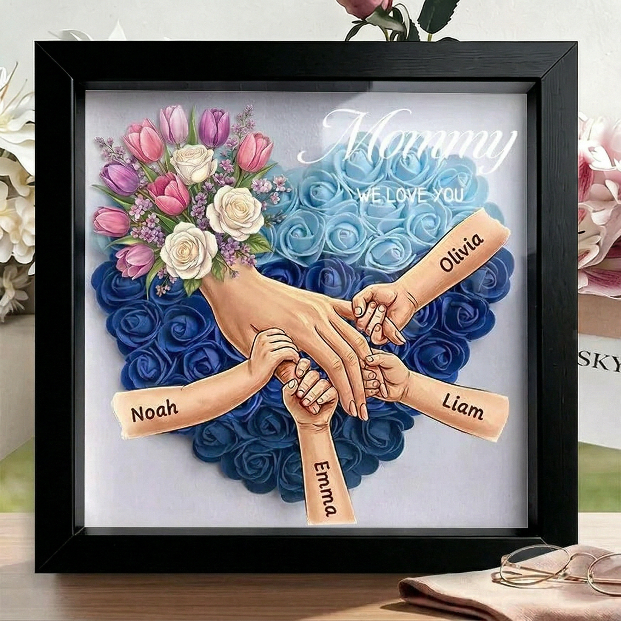 ForlovergiftTM Tulips & White Roses Personalized Mom Holding Hands Shadow Box – Custom Name Remembrance Frame, Mother’s Day In Loving Memory Gift