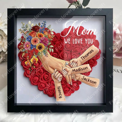 Personalized Mommy Holding Hands Shadow Box with Ring & Manicure – Custom Kids Names Floral Heart Frame, Premium Mother’s Day Gift